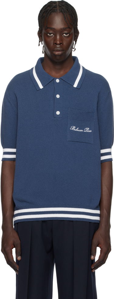 Polo skjorte Balmain Cotton-Blend Knit Polo Shirt Blå | EH1GB046KF96, 0