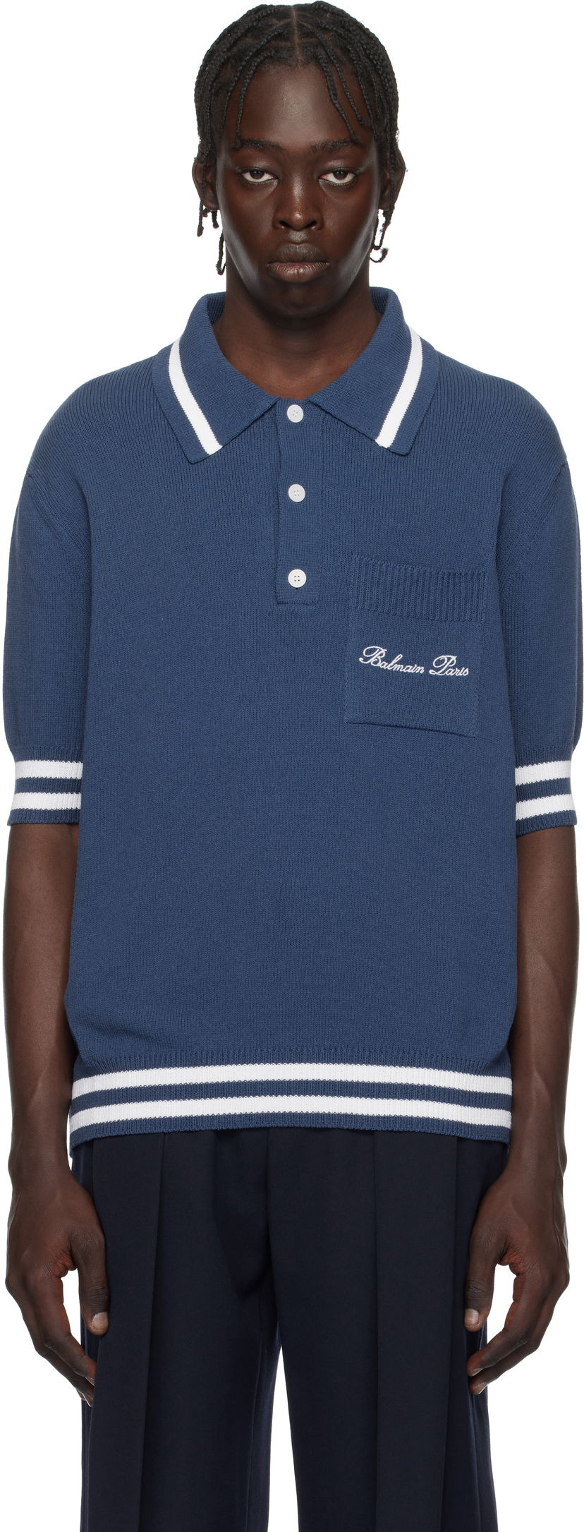 Polo skjorte Balmain Cotton-Blend Knit Polo Shirt Blå | EH1GB046KF96