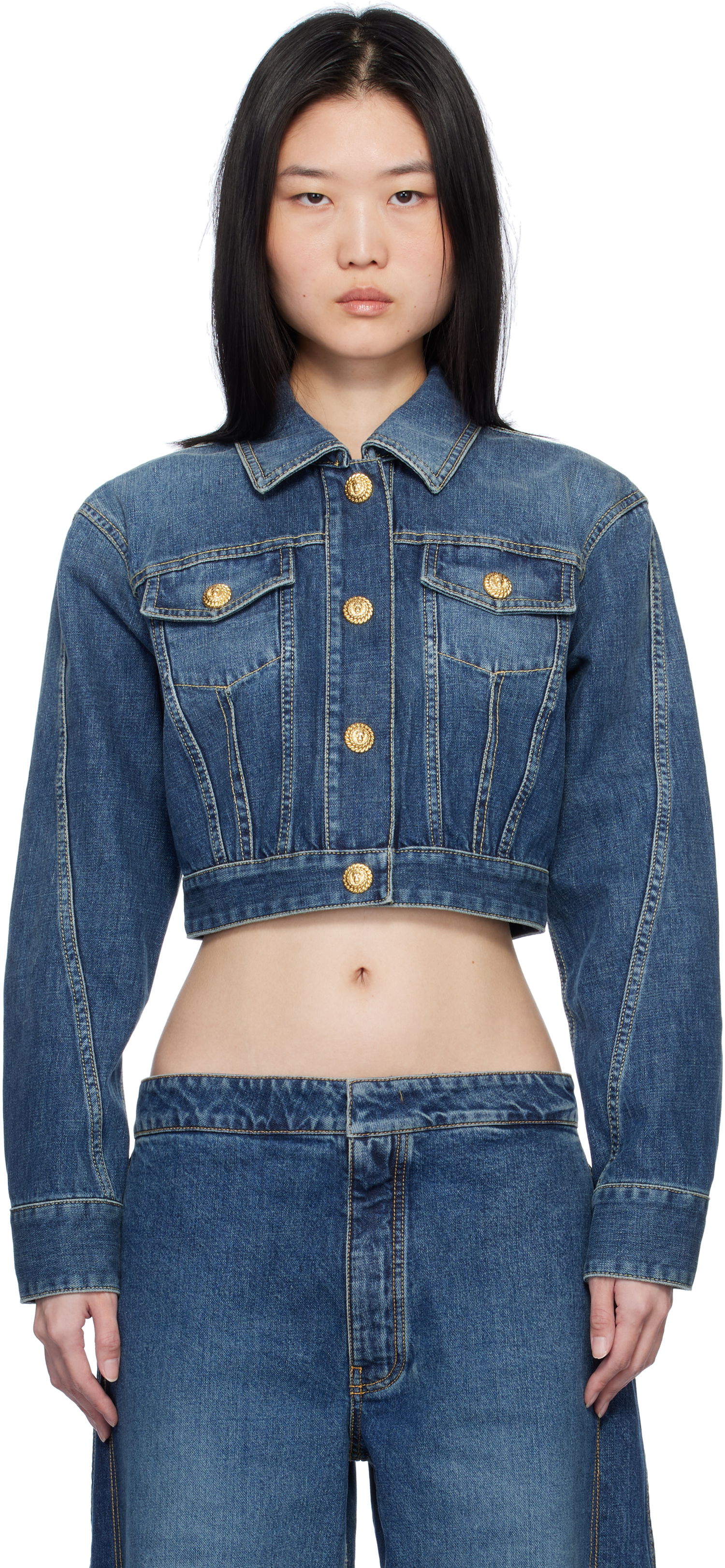 Jakke Balmain Cropped Faded Denim Jacket Blå | EF1TC180DF65, 0