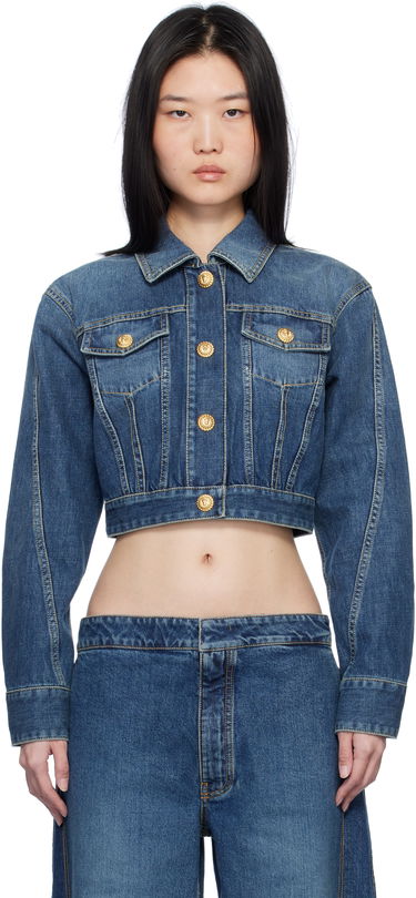 Jakke Balmain Cropped Faded Denim Jacket Blå | EF1TC180DF65, 0