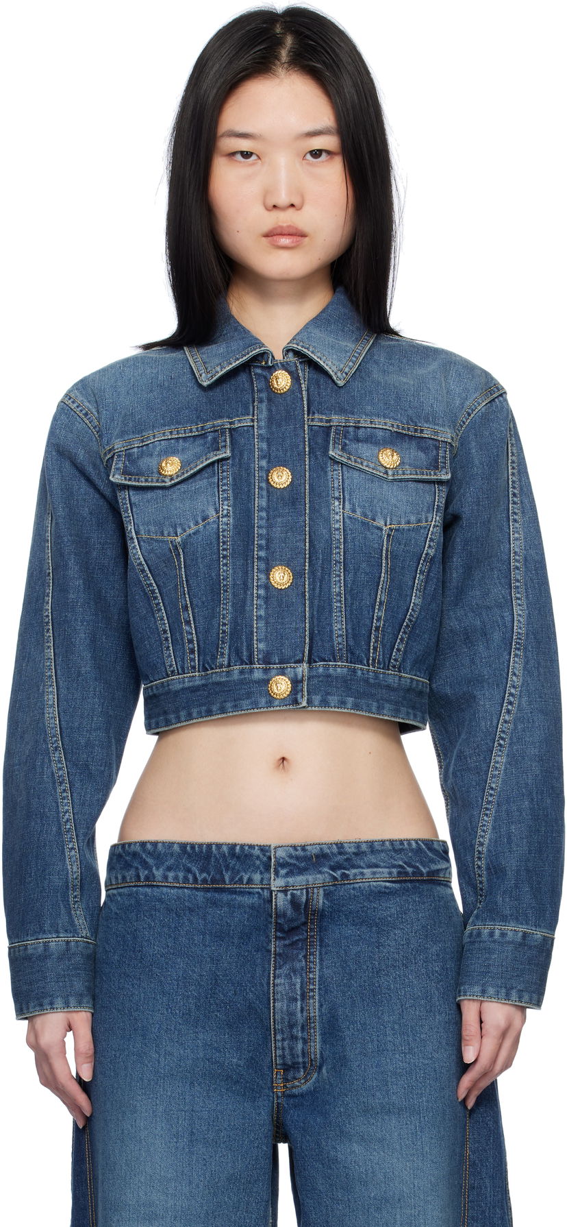 Jakke Balmain Cropped Faded Denim Jacket Blå | EF1TC180DF65