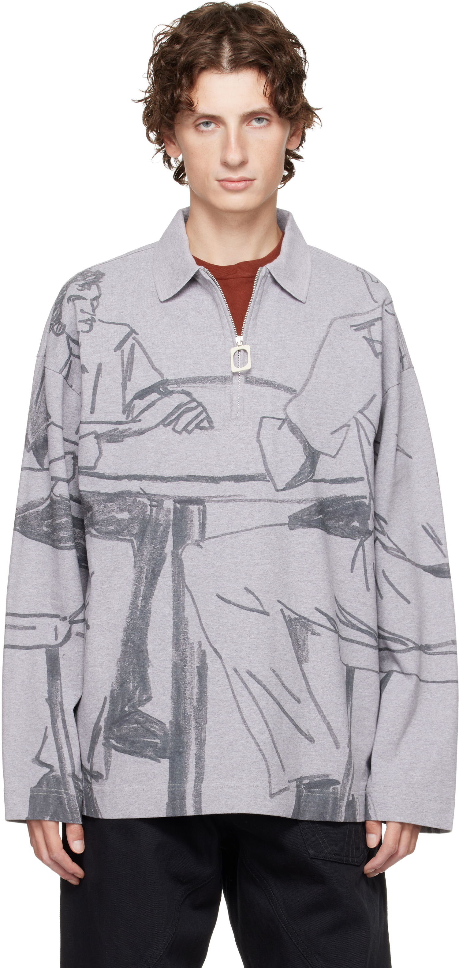 Polo skjorte JW Anderson JW Anderson Figure Print Long-Sleeve Quarter-Zip Polo Grå | JO0274-PG1755, 0