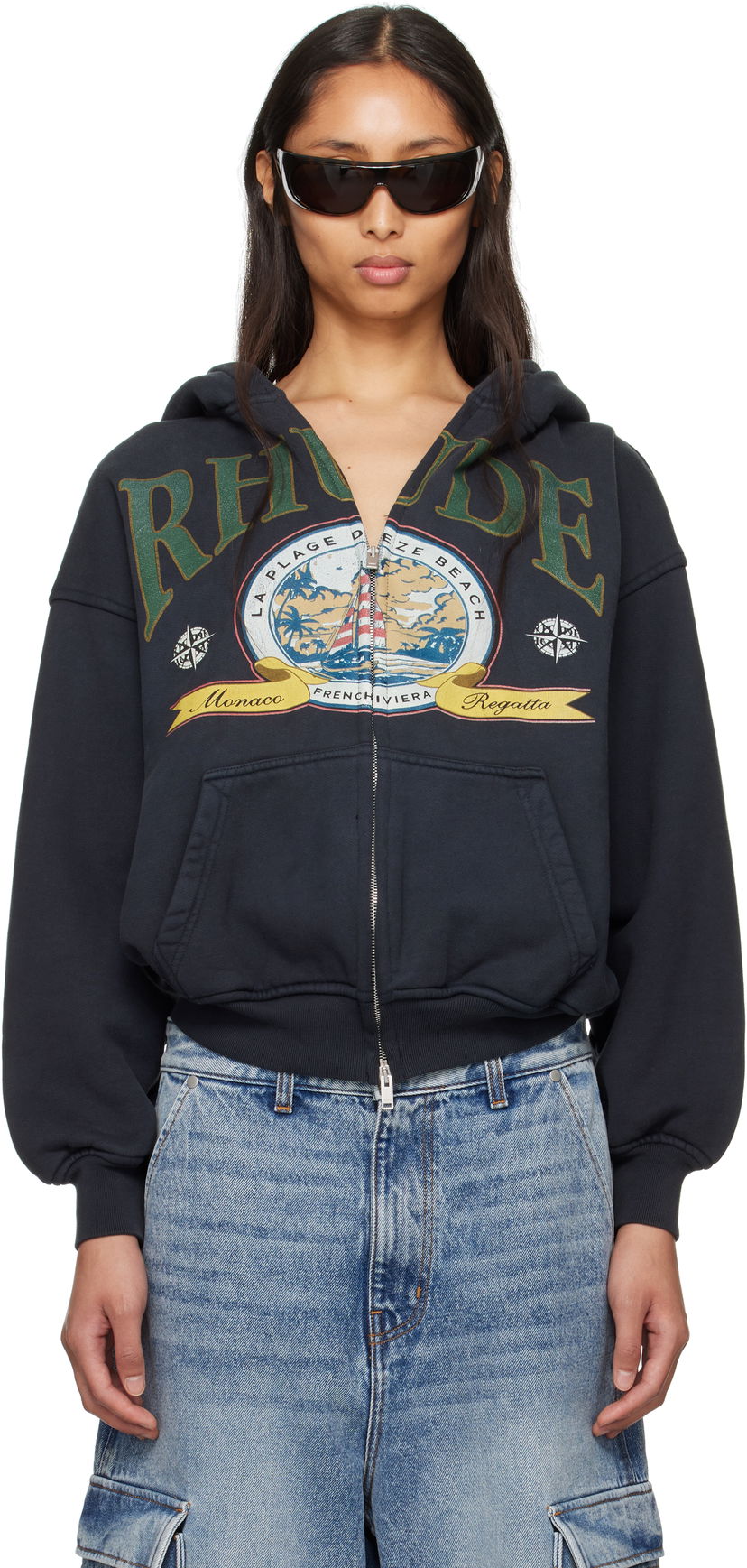 Sweatshirt Rhude Rhude Monaco Regatta Graphic Full-Zip Hoodie Sort | RHSS25HO09012