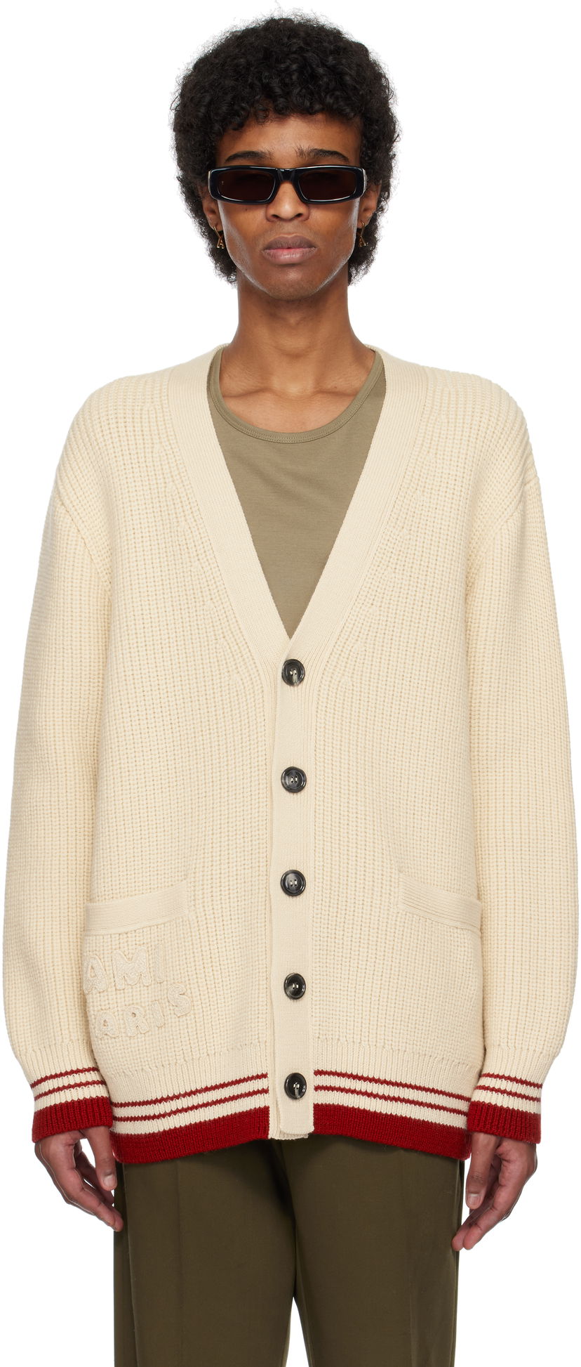 Sweater AMI AMI Paris Wool Ribbed Cardigan Beige | UKC168.KN0068