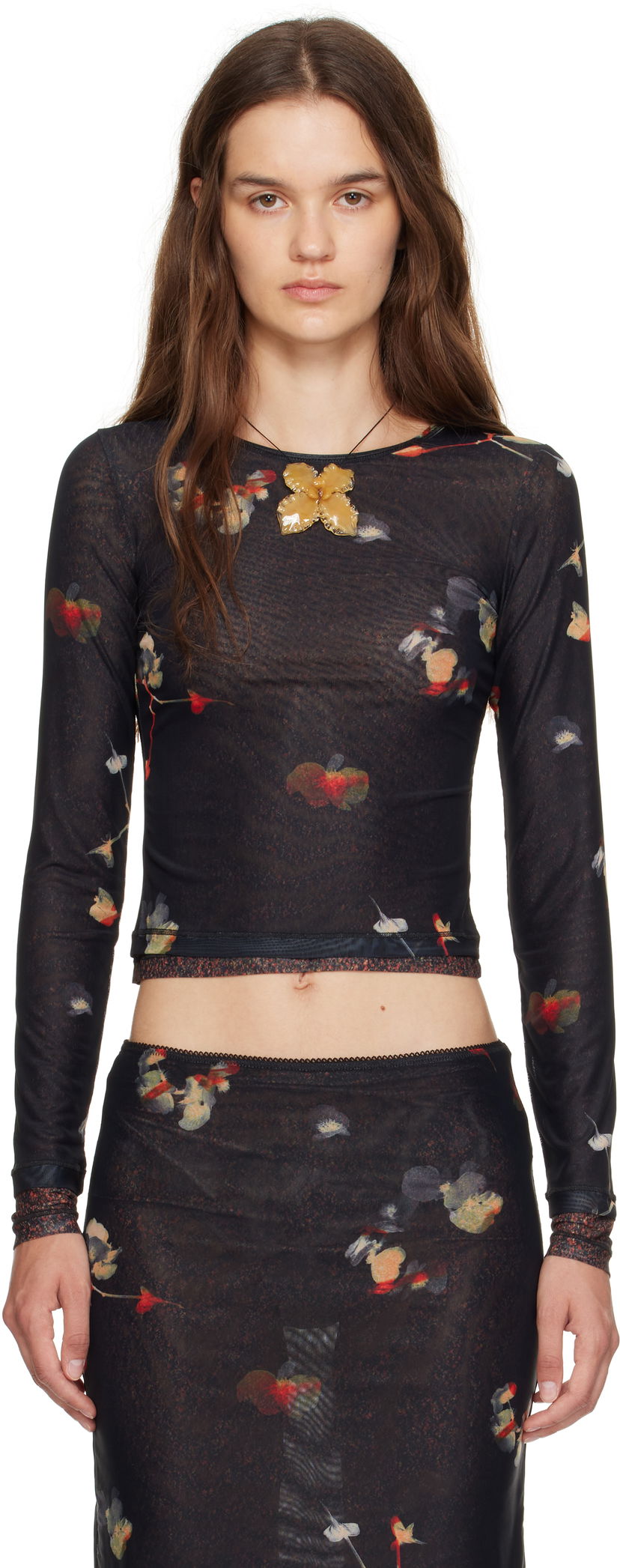 T-shirt Eckhaus Latta Eckhaus Latta Duet Floral Print Semi-Sheer Top Sort | 1100-EL-PF25-BP -