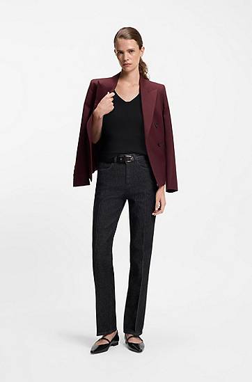 T-shirt BOSS Structured Ribbed V-neck Elbow-Sleeve Top Sort | 50542881, 1