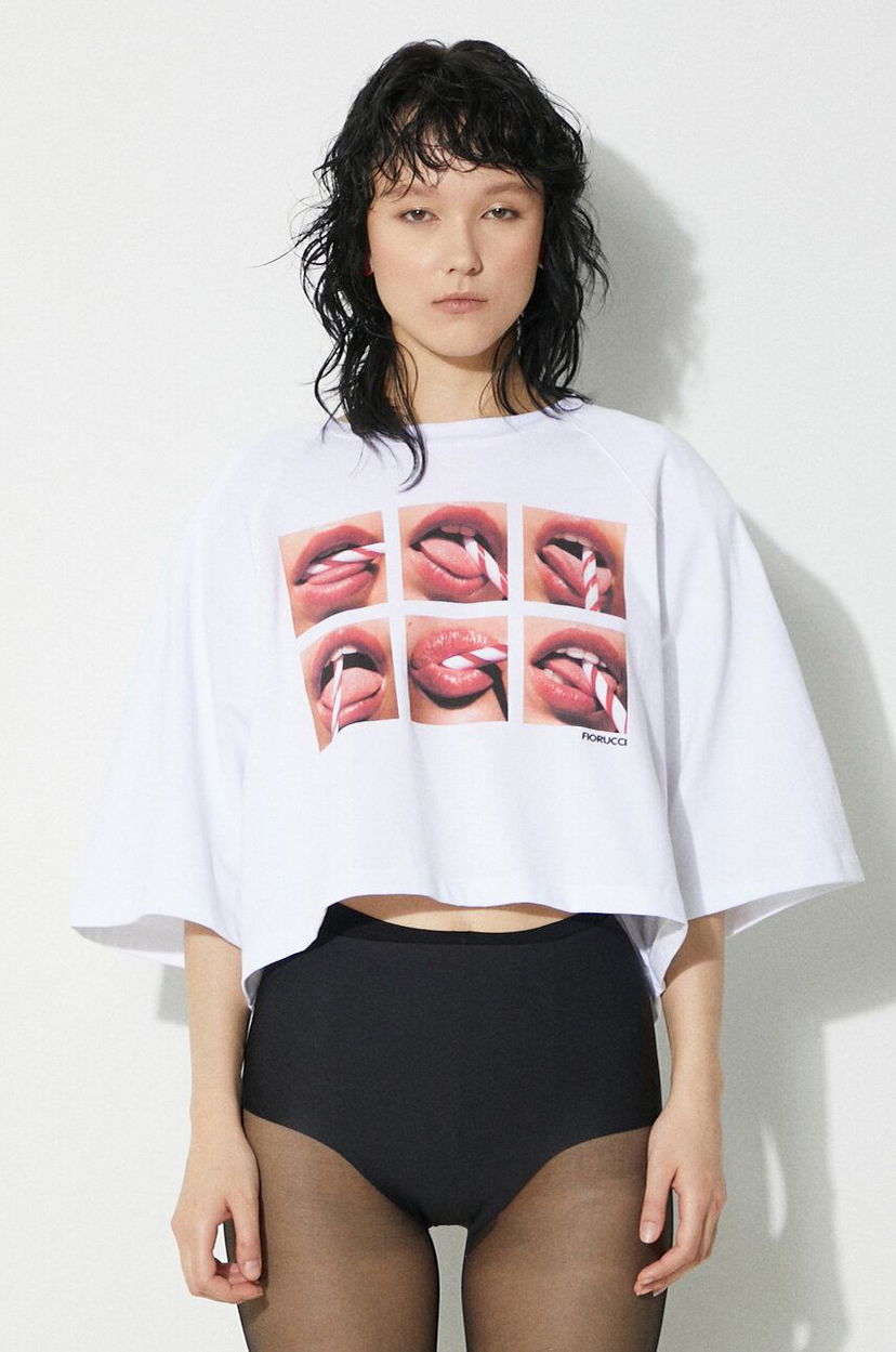 Crop top Fiorucci Fiorucci Mouth Print Cropped T-Shirt Hvid | U01FPTSH106CJ01WH01