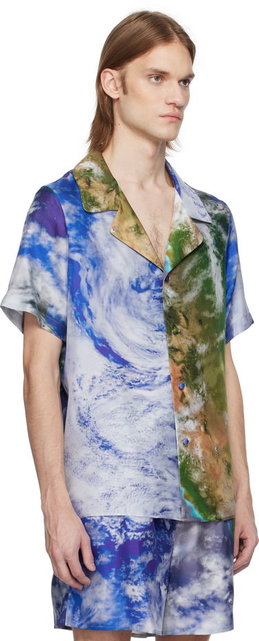 Skjorte Balmain Balmain Earth Print Silk Shirt Blå | EH0HN067SE89, 1
