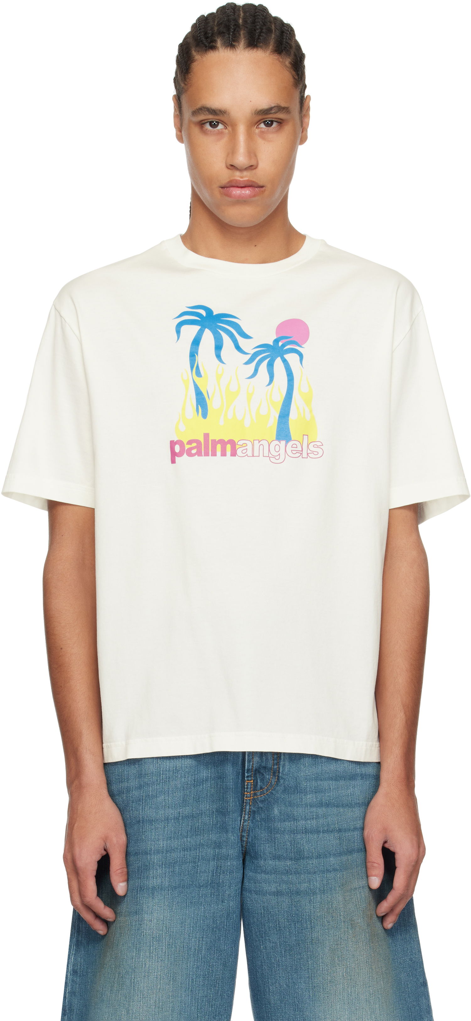 T-shirt Palm Angels Palm Angels Burning Oasi Graphic T-Shirt Hvid | PMAA089S25JER0020384, 0