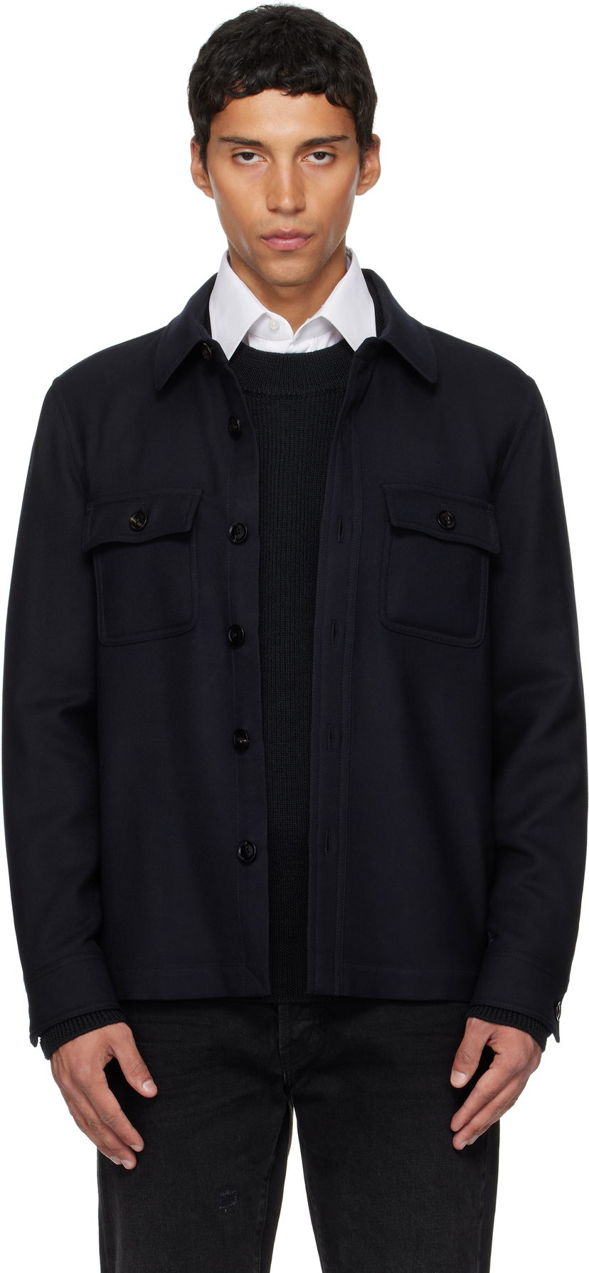 Jakke Tom Ford TOM FORD Light Wool Chest Pocket Overshirt Mørkeblå | OJS016-FMW063