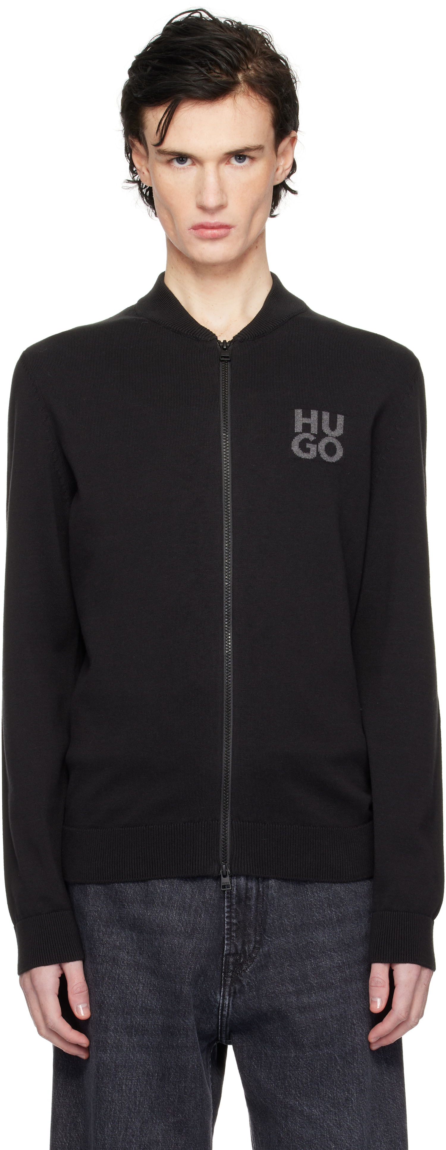 Sweater BOSS Knit Logo Bomber Jacket Sort | 50531819, 0