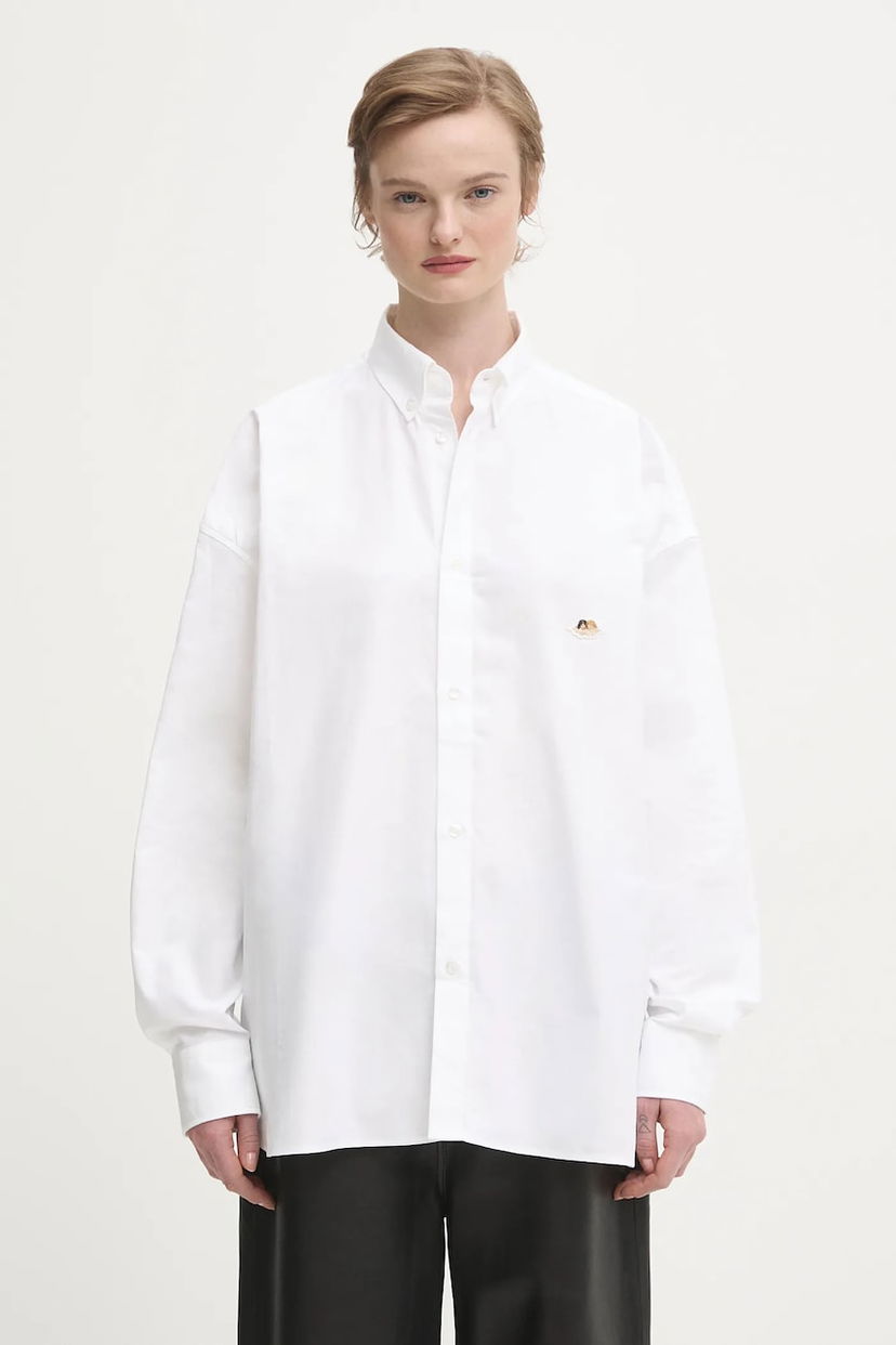 Skjorte Fiorucci Angel Patch Relaxed Fit Button-Up Shirt with Classic Collar Hvid | W02SMTLO055CO01WH01