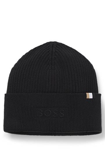 Beanie BOSS Ribbed Logo-Embroidered Beanie Hat in Wool and Cotton Sort | 50522427