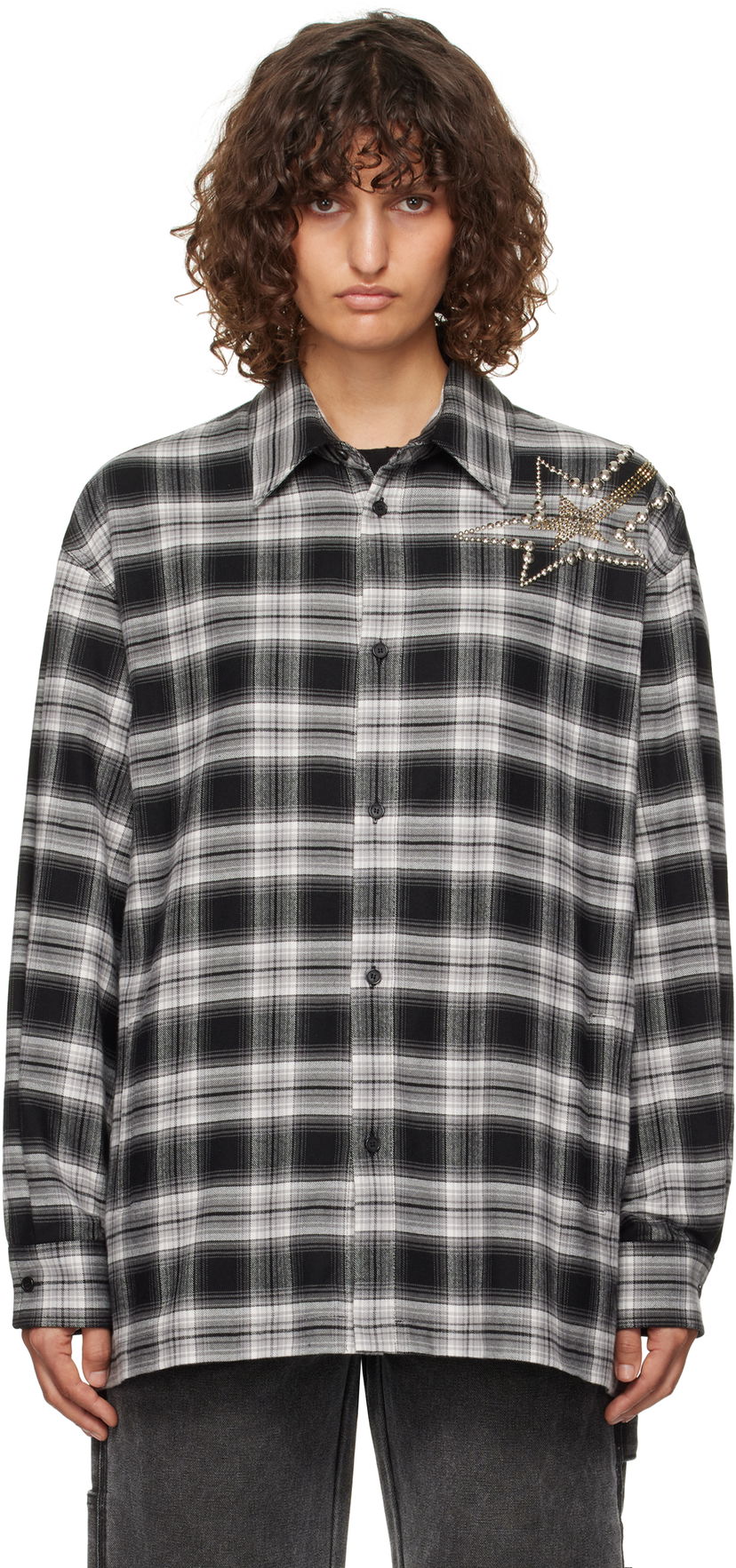 Skjorte We11done We11done Meteor Check Embellished Shirt Sort | WD-SH3-24-128-U-BK
