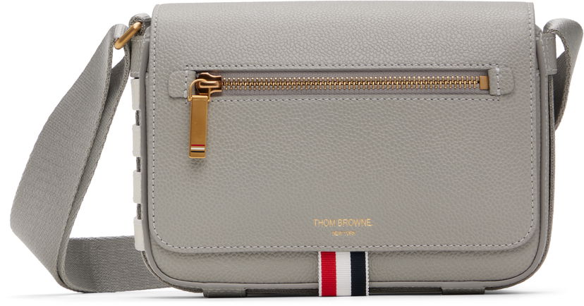 Skuldertaske Thom Browne Thom Browne 4-Bar Pebble Grain Small Reporter Bag Grå | UAG229A-00198
