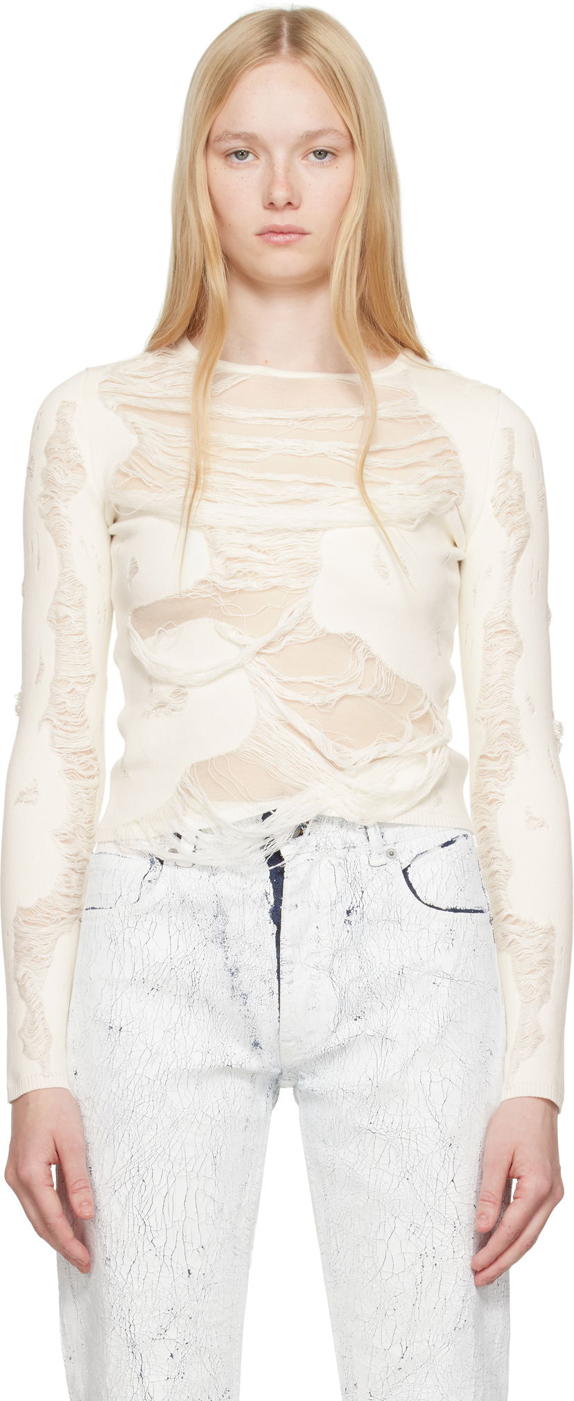 Sweater Maison Margiela MM6 Maison Margiela Slashed Crewneck Sweater Hvid | S62HL0032 M13121