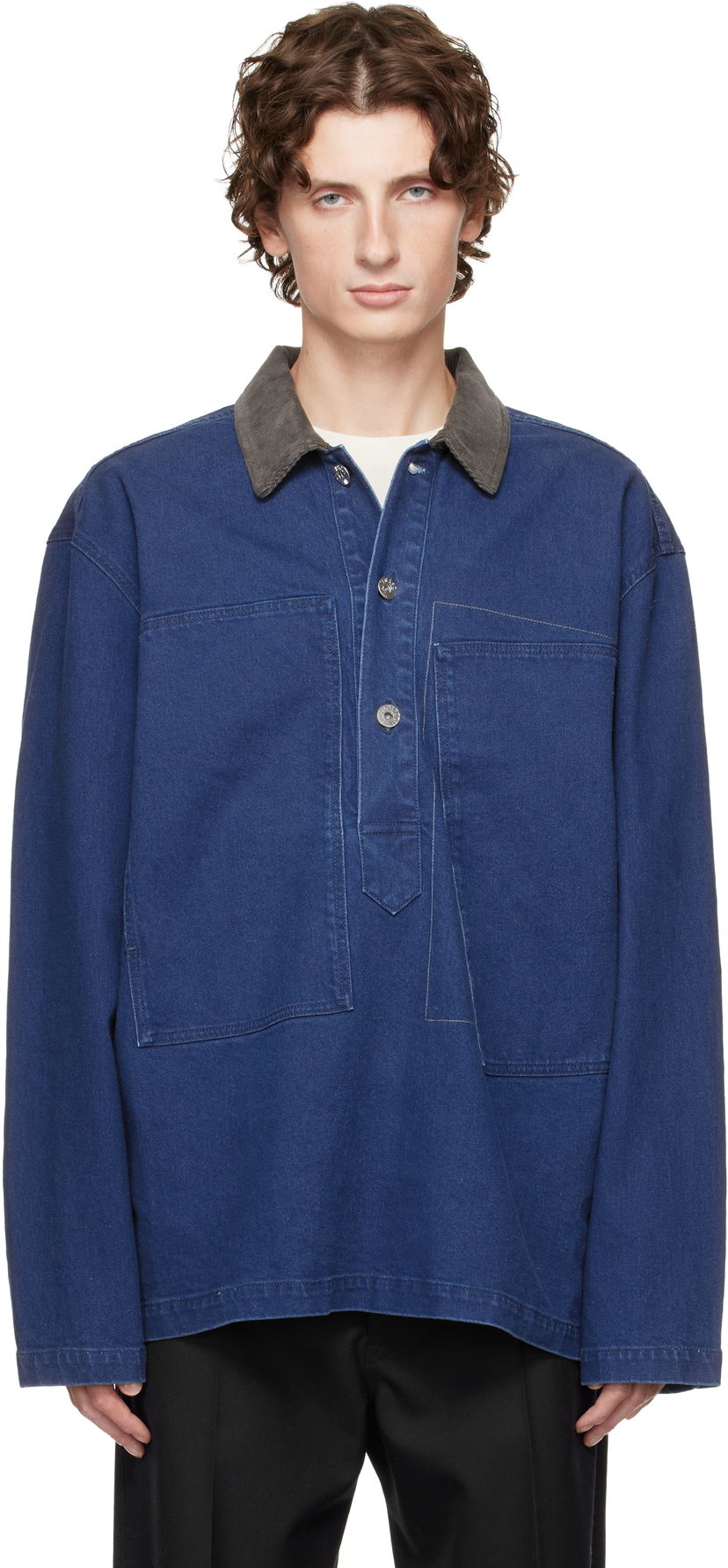 Polo skjorte JW Anderson Denim Polo with Patch Pockets and Corduroy Collar Blå | DS0014-PG1835