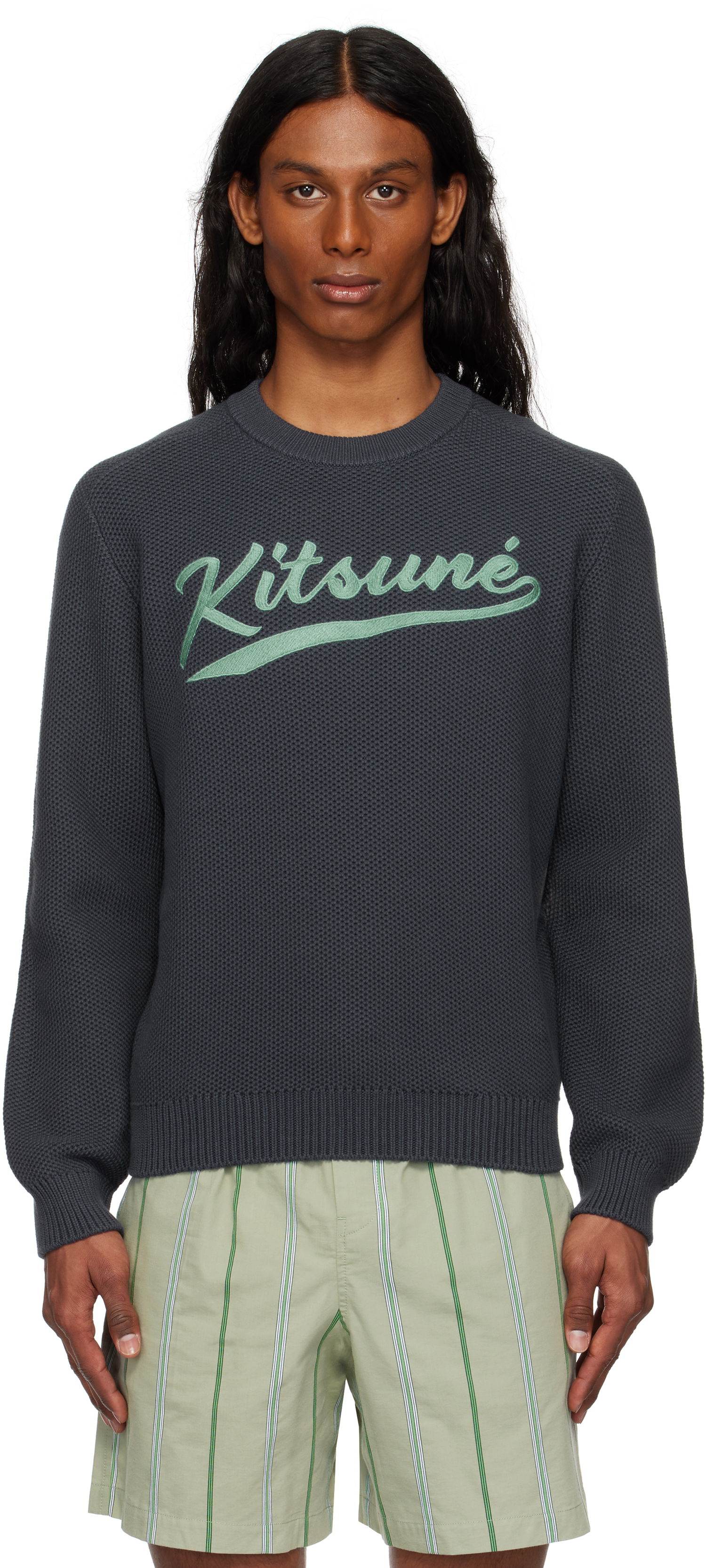 Sweater MAISON KITSUNÉ Kitsuné Varsity Embroidered Mesh Sweater Grå | OM00808KT1137, 0