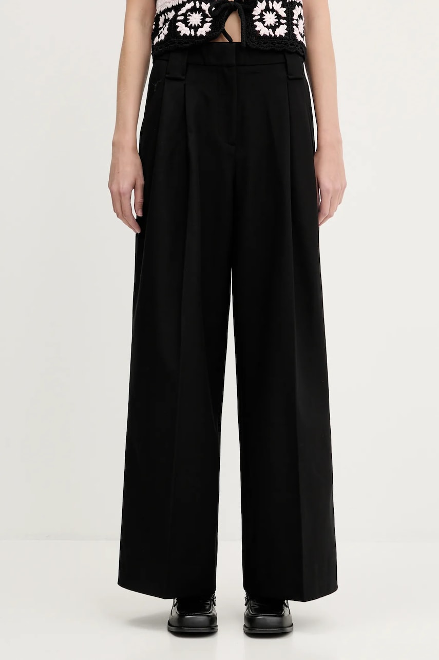 Bukser GANNI GANNI Heavy Cotton Tailoring High Waist Wide Leg Trousers Sort | W0246, 0