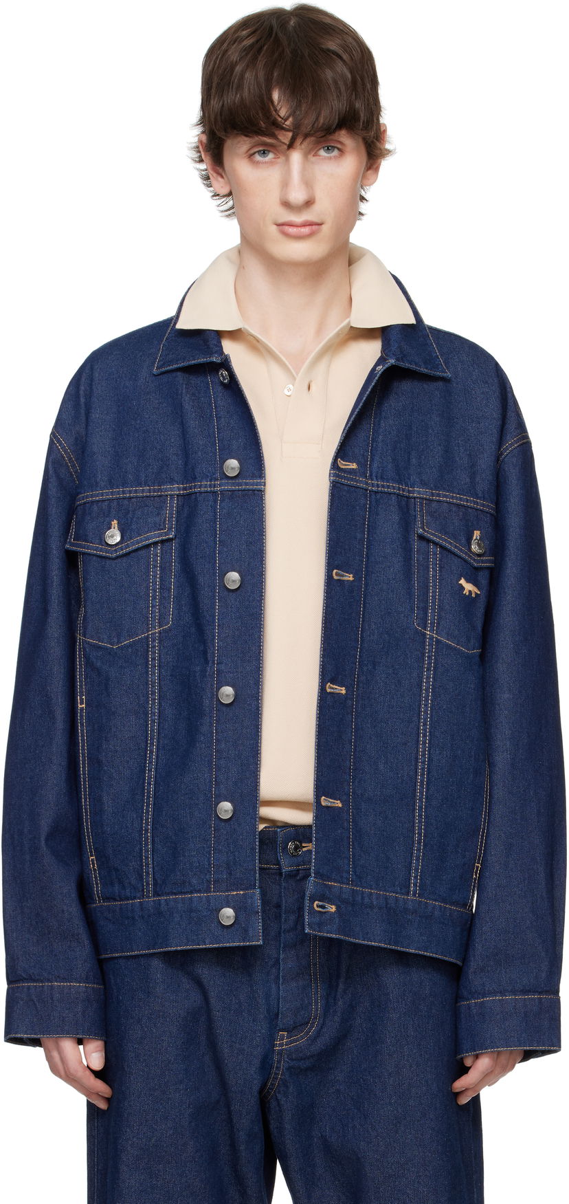 Bomberjakke MAISON KITSUNÉ Maison Kitsuné Profile Fox Denim Trucker Jacket Blå | OM02103WW0081