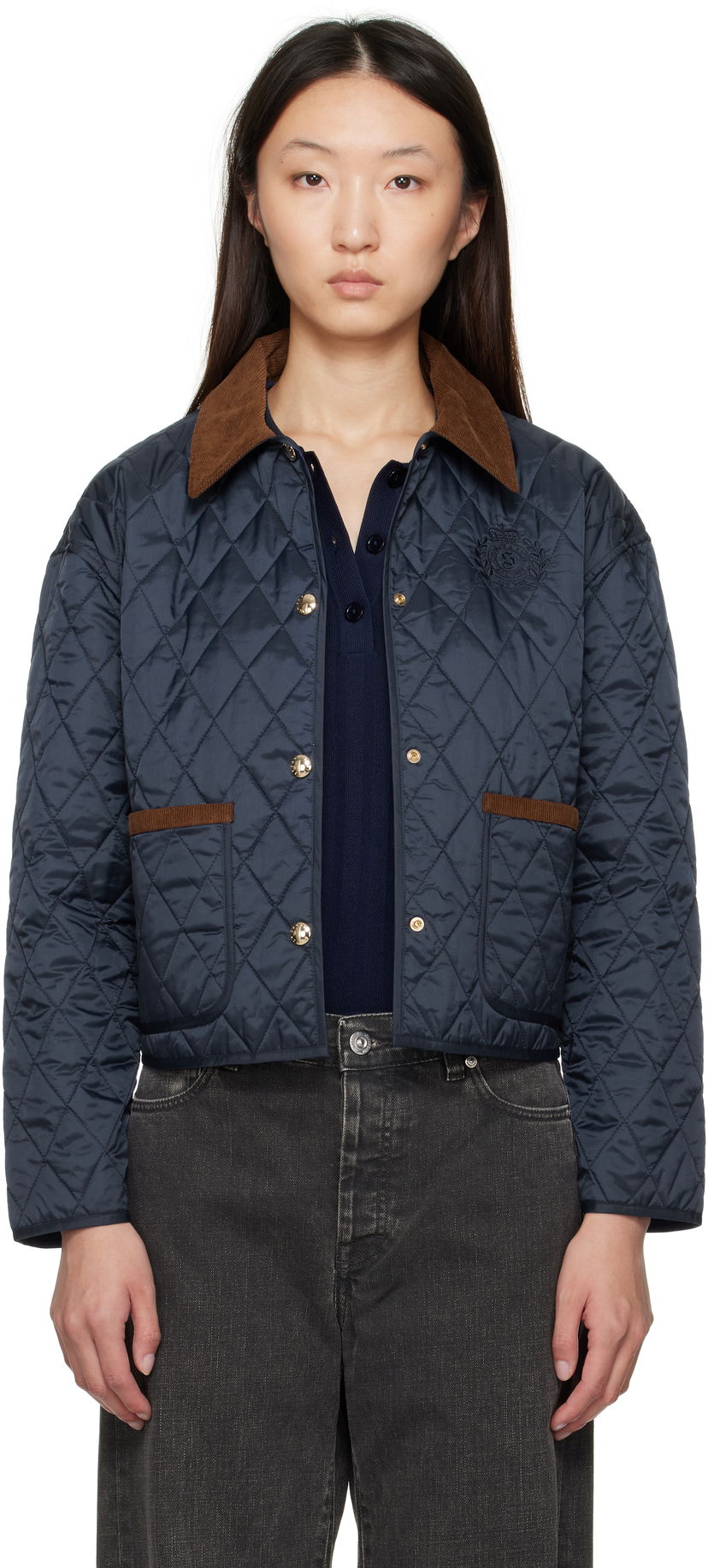 Jakke Sporty & Rich Sporty & Rich H&W Crest Cropped Quilted Jacket Mørkeblå | OW027620241BL106