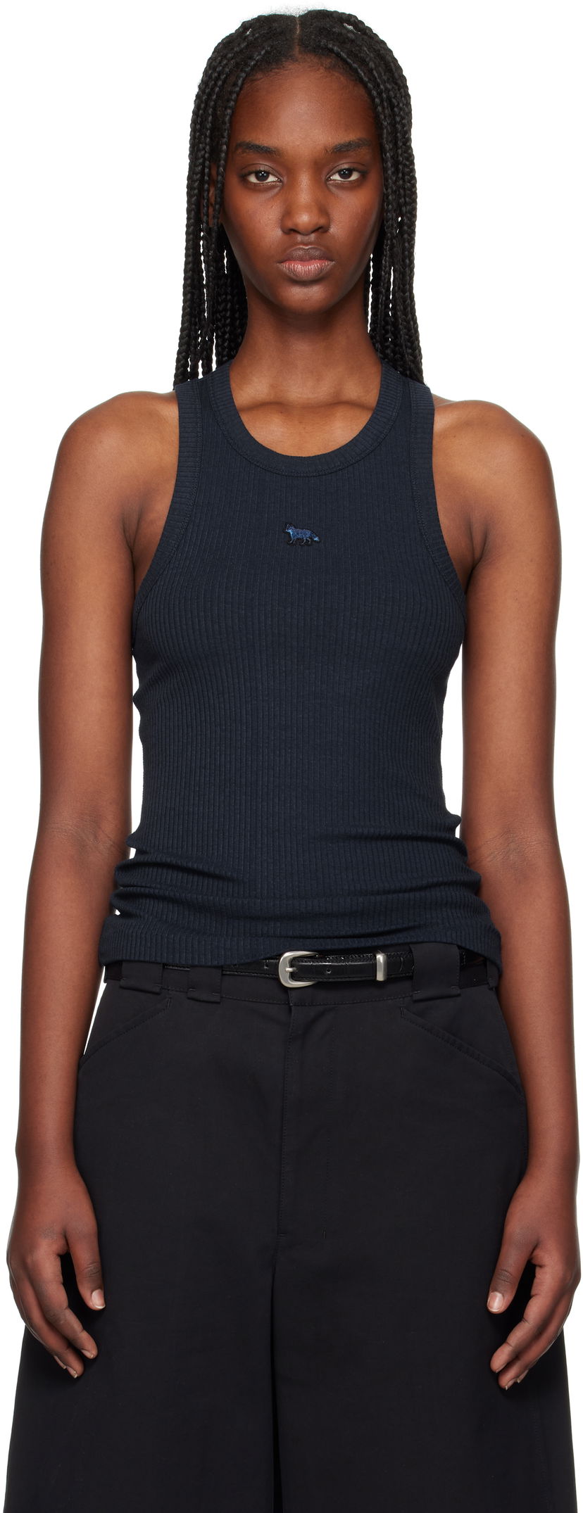 Tanktop MAISON KITSUNÉ Maison Kitsuné Baby Fox Patch Ribbed Tank Top Mørkeblå | OW00604KJ0134