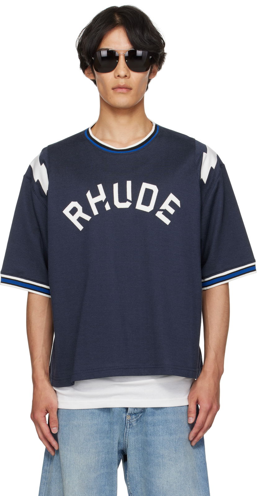 T-shirt Rhude Rhude Logo Lightning Ringer T-Shirt Mørkeblå | RHPF25TT01729