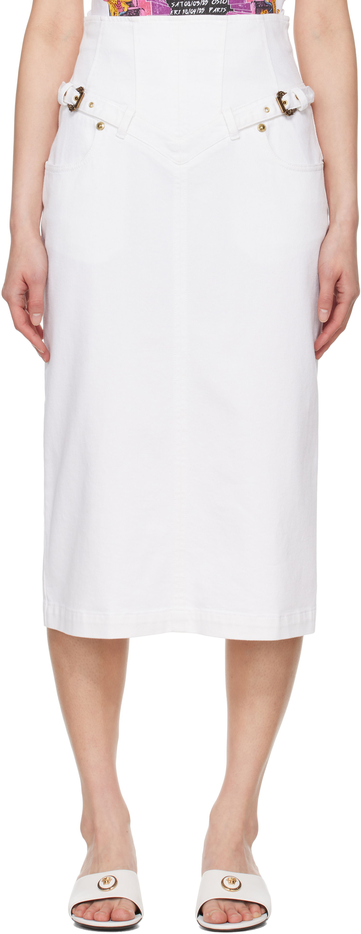 Nederdel Versace Versace Jeans Couture Baroque Buckle Denim Midi Skirt Hvid | E78HAE85E_EEW015TC2, 0