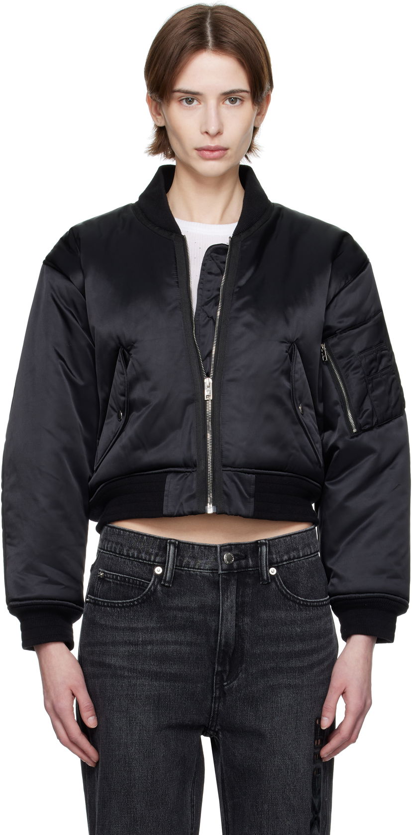 Bomberjakke Alexander Wang Alexander Wang Logo-Embroidered Cropped Bomber Jacket Sort | 1WC1253278