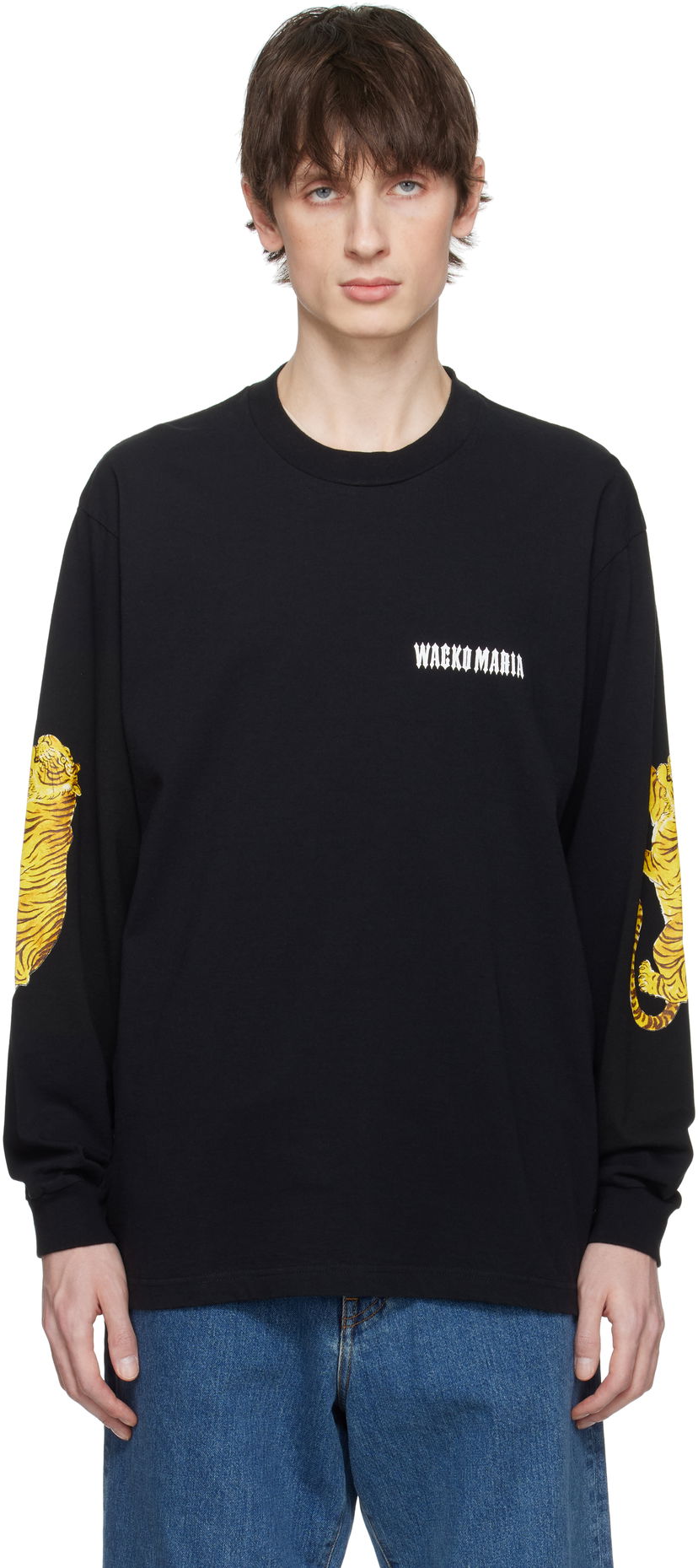 T-shirt WACKO MARIA Wacko Maria Washed Tiger Print Crew Neck Longsleeve T-Shirt Sort | 25SS-WMT-LT03