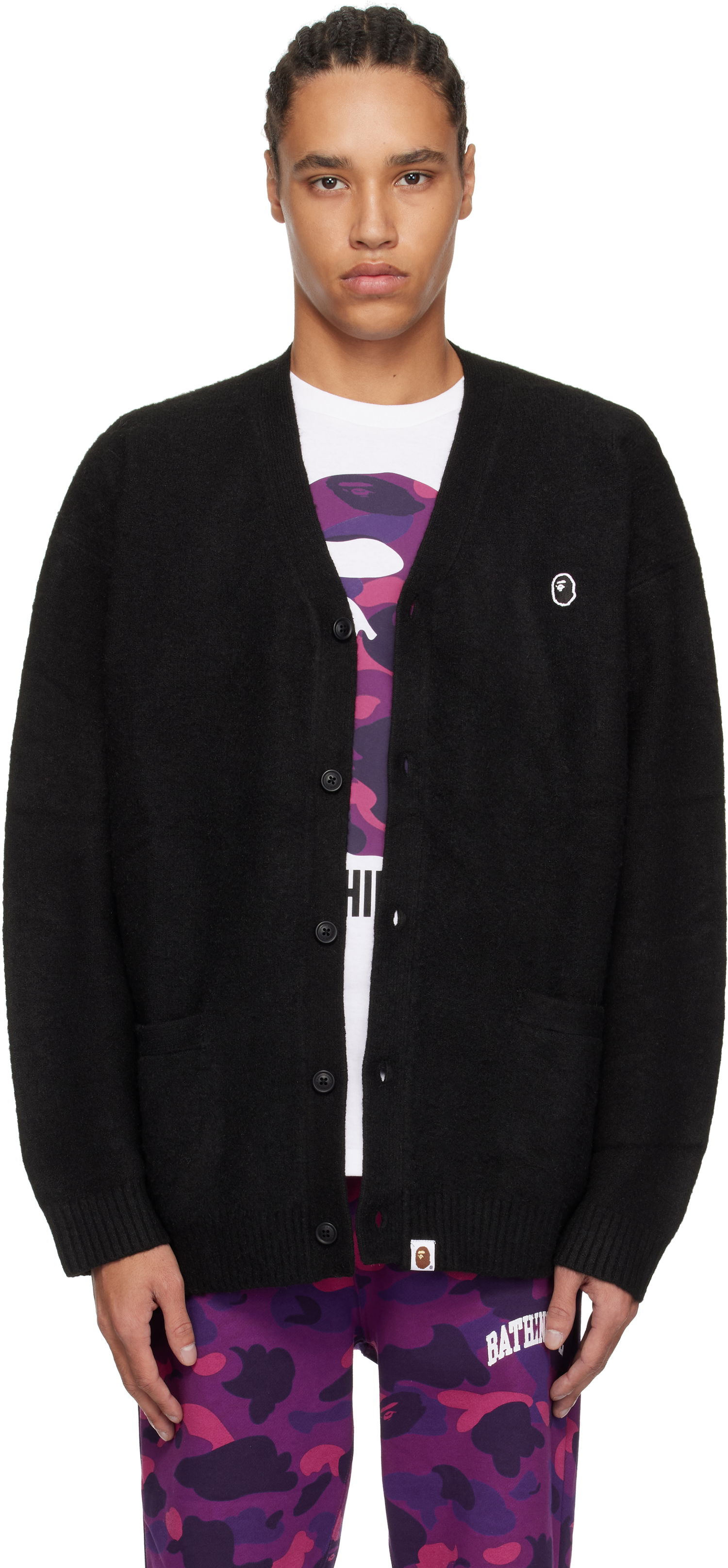 Sweater BAPE A Bathing Ape One Point Hairy Yarn Cardigan Sort | 001KNK801004M, 0