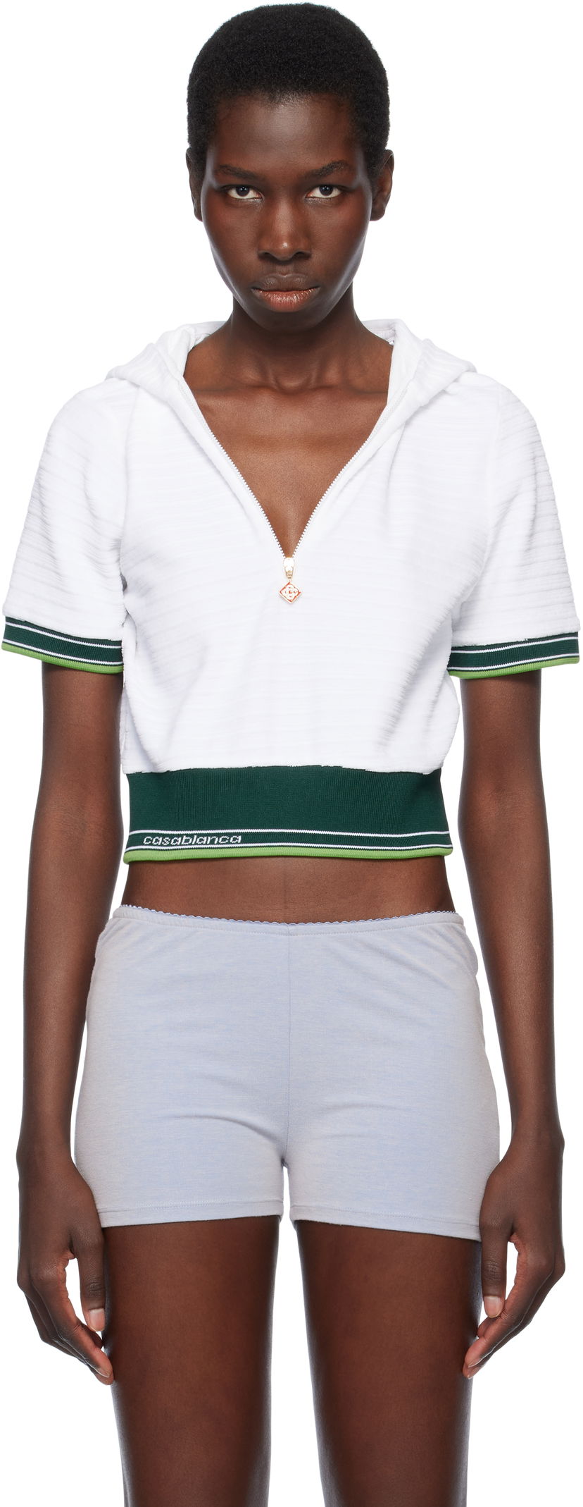 Sweatshirt Casablanca Casablanca Textured Velour Tennis Cropped Hoodie Hvid | WS25-JTP-354-01
