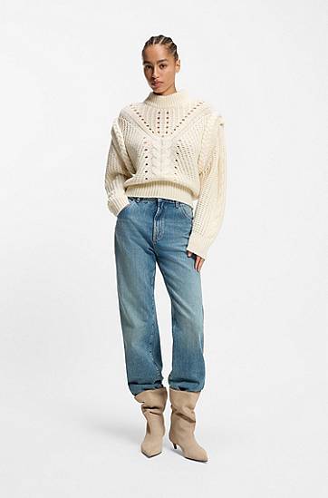 Sweater BOSS Structured Cable and Openwork Knit Mock Neck Sweater with Alpaca and Virgin Wool Hvid | 50548951, 1