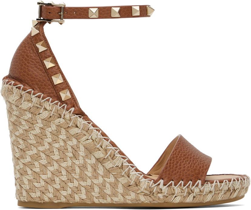 Skopleje Valentino Valentino Garavani Double Rockstud Grainy Calfskin Wedge Espadrilles Brun | 6W2S0090FEQ