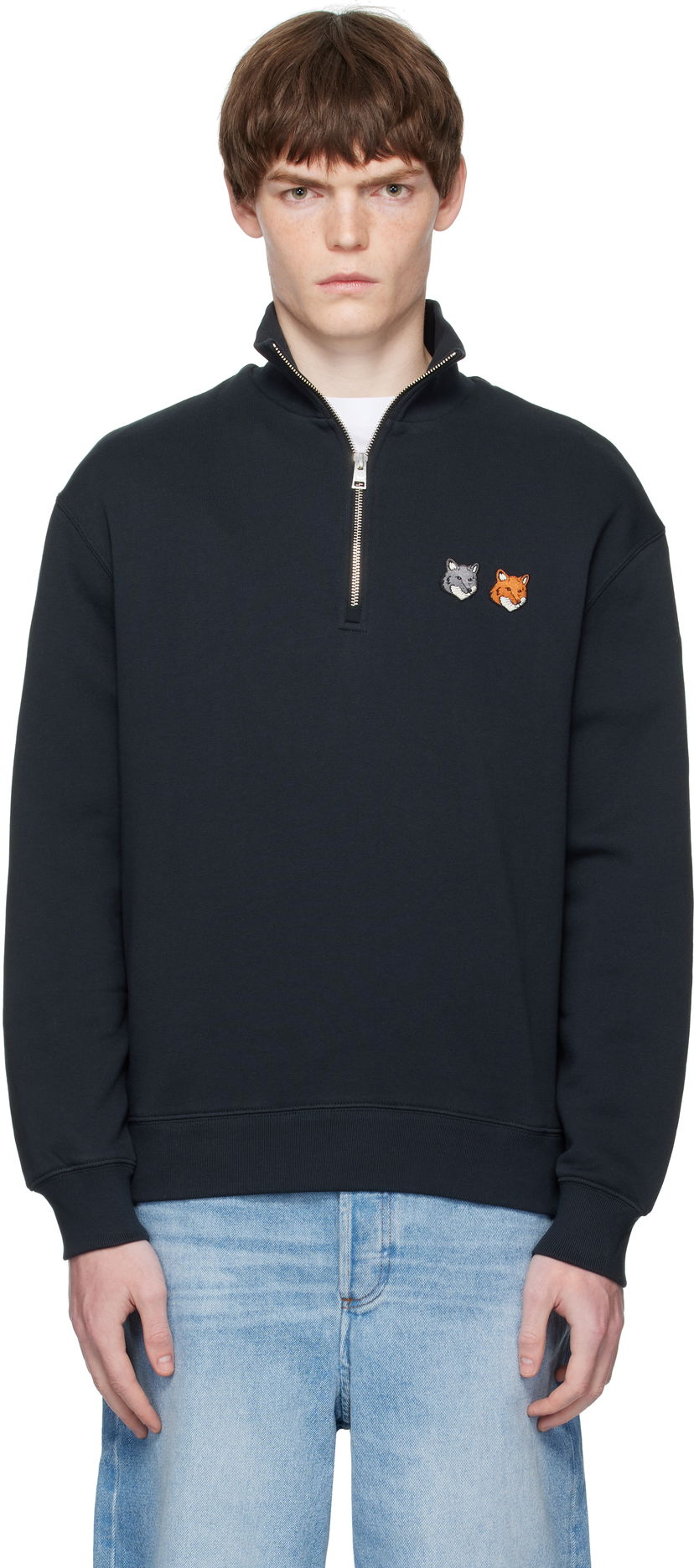 Sweatshirt MAISON KITSUNÉ Maison Kitsuné Double Fox Head Half-Zip Sweatshirt Sort | OM211CFKM0321