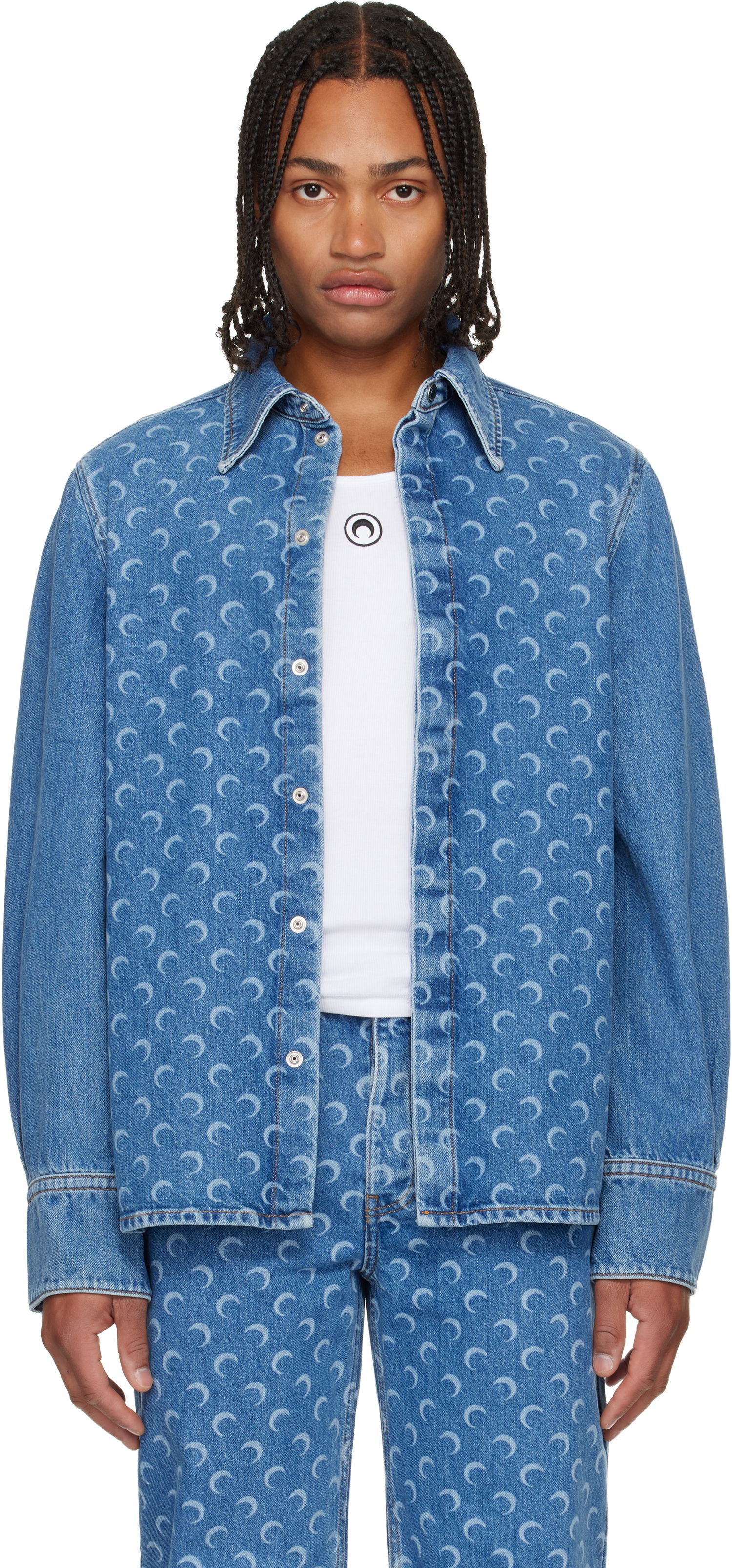 Skjorte Marine Serre Marine Serre Moon Laser Denim Shirt Blå | USI035ACDEN0002, 0