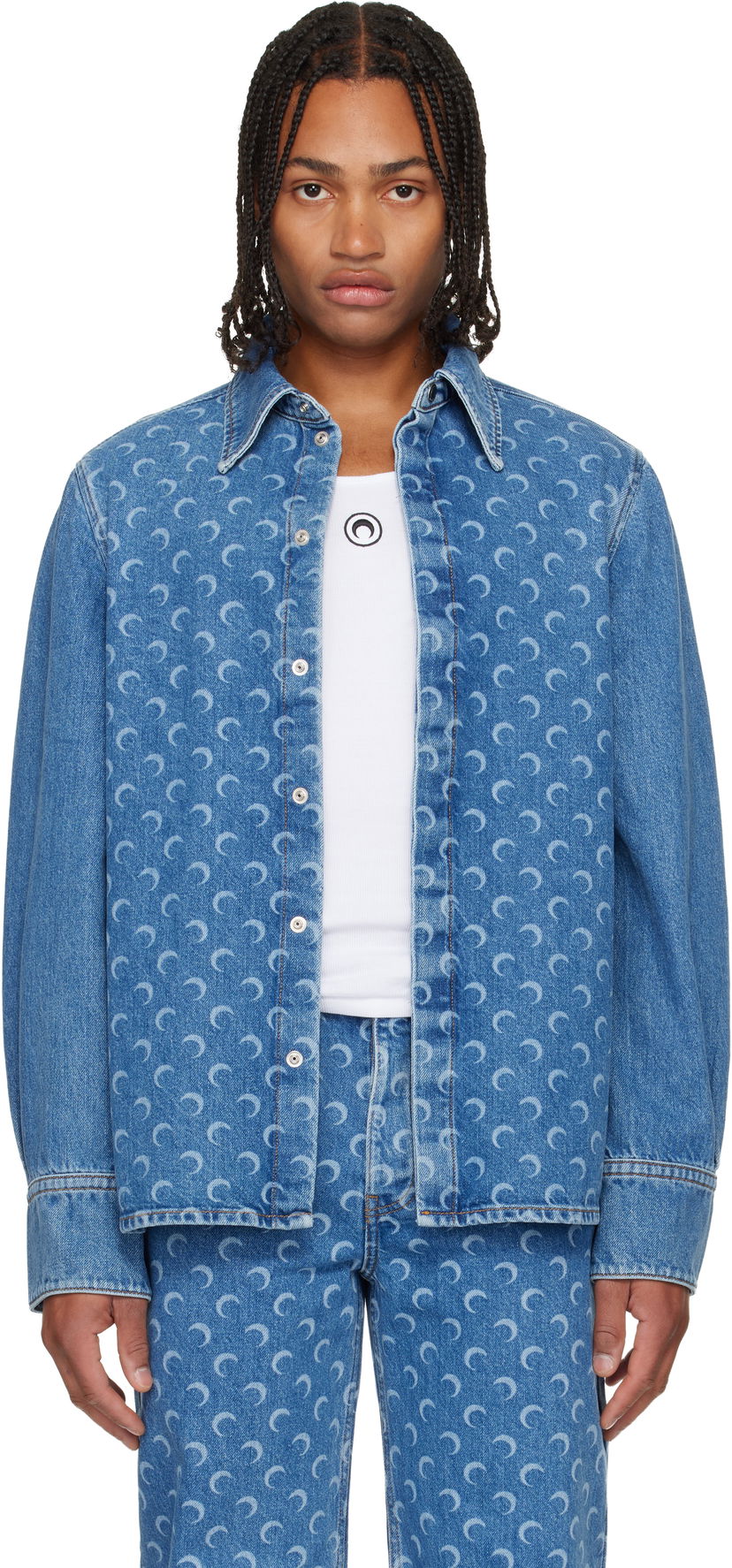 Skjorte Marine Serre Marine Serre Moon Laser Denim Shirt Blå | USI035ACDEN0002