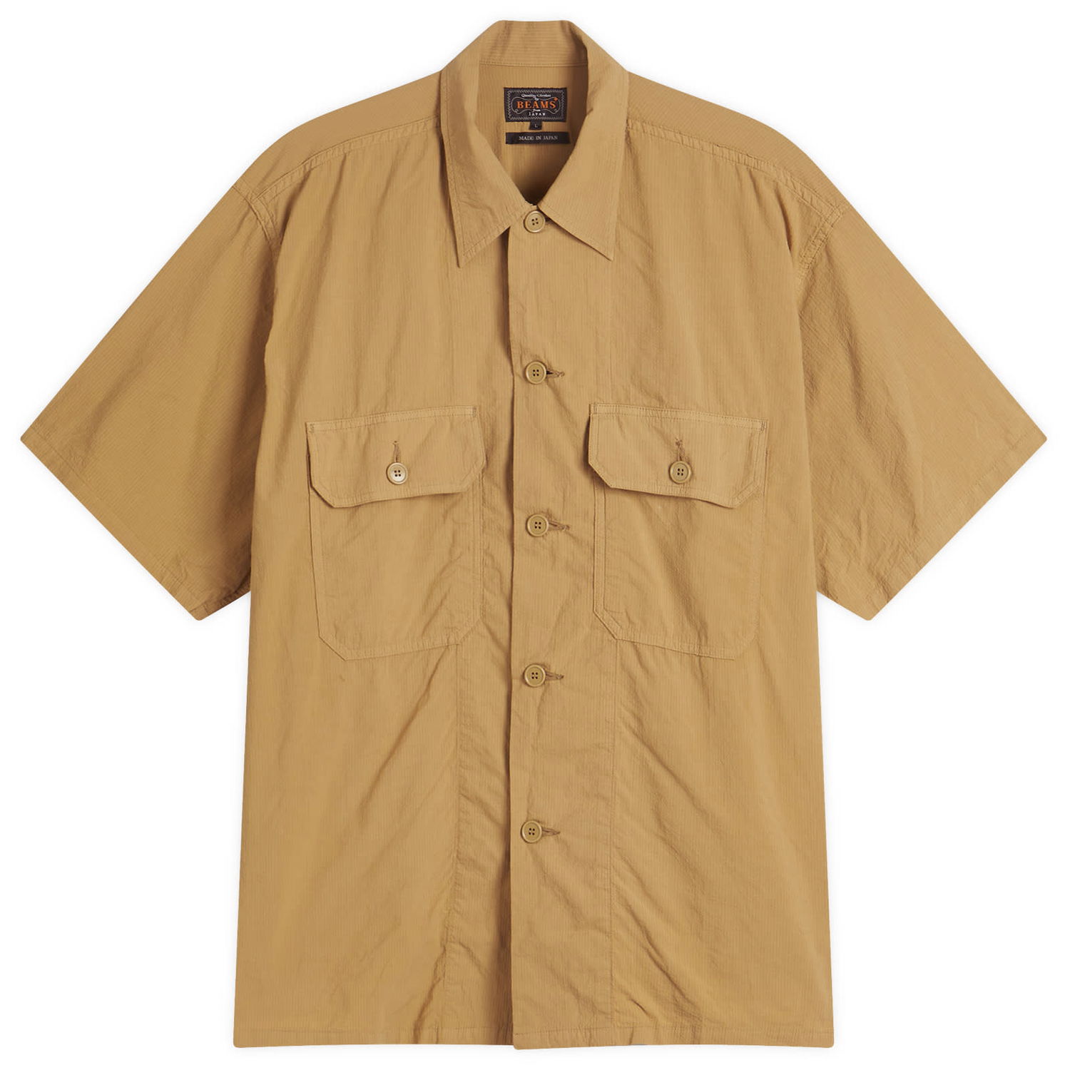 Skjorte BEAMS Beams Plus Textured Ripstop Short Sleeve Shirt, Size Large Beige | 3801-0186-139-24, 1