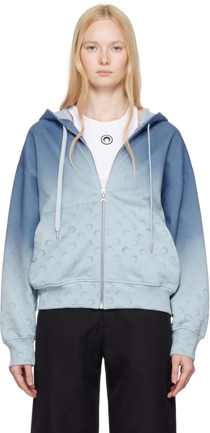 Sweatshirt Marine Serre Marine Serre Moon Faded Fleece Zip Hoodie Blå | UST017B CJER0073