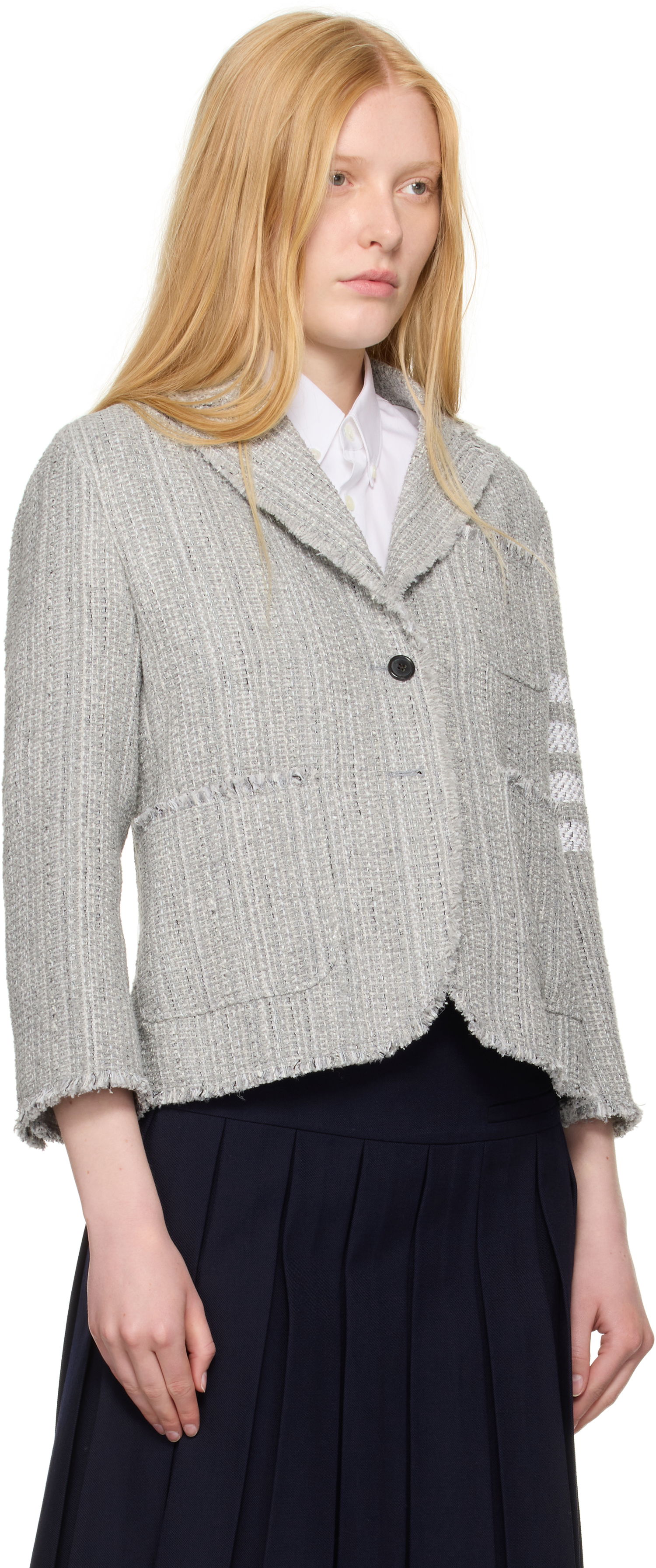 Jakke Thom Browne Thom Browne Tweed Fray 4-Bar Cropped Sack Blazer Grå | FBC788T-F0512, 1