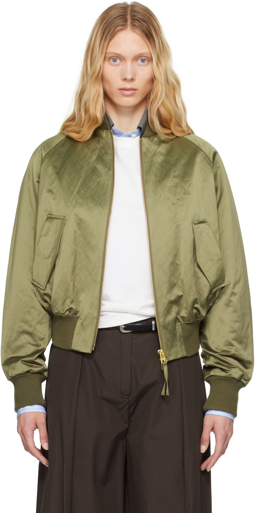Bomberjakke AMI AMI Paris Cotton Satin Ami de Coeur Bomber Jacket Grøn | FJK011.CO0100