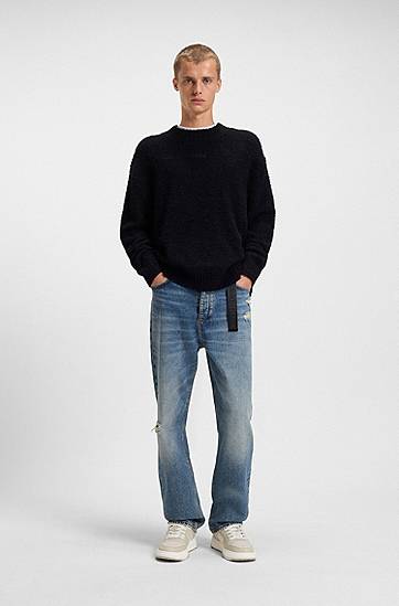 Sweater BOSS Bouclé-knit sweater with embroidered logo Sort | 50524526, 1