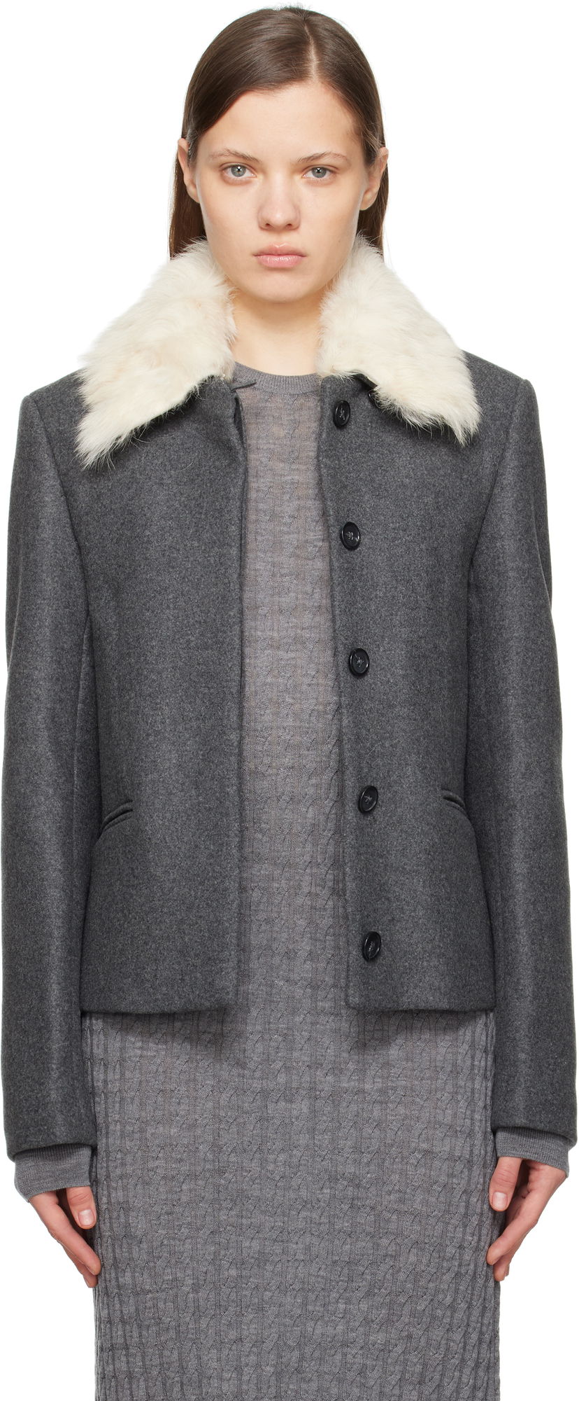 Jakke TOTEME TOTEME Shearling Collar Jacket Grå | 251-WRO0164-FB0005
