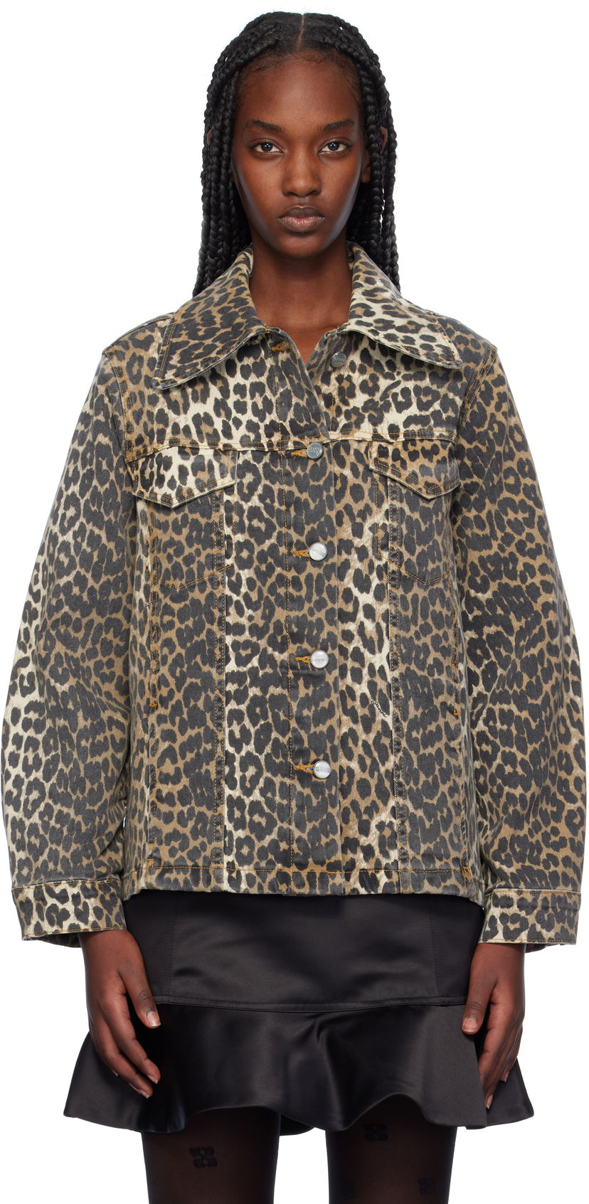 Jakke GANNI Leopard Print Denim Grå | J1581