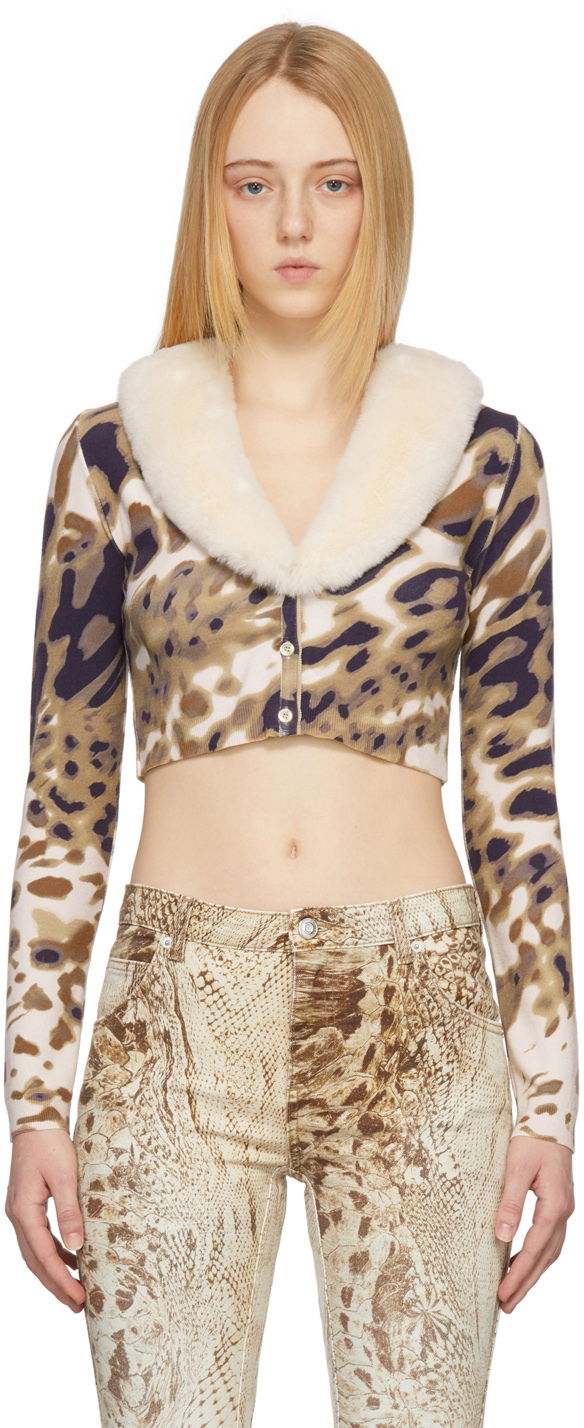 Sweater Blumarine Blumarine Print Cropped Cardigan with Faux Fur Collar Flerfarvet | 2M147A