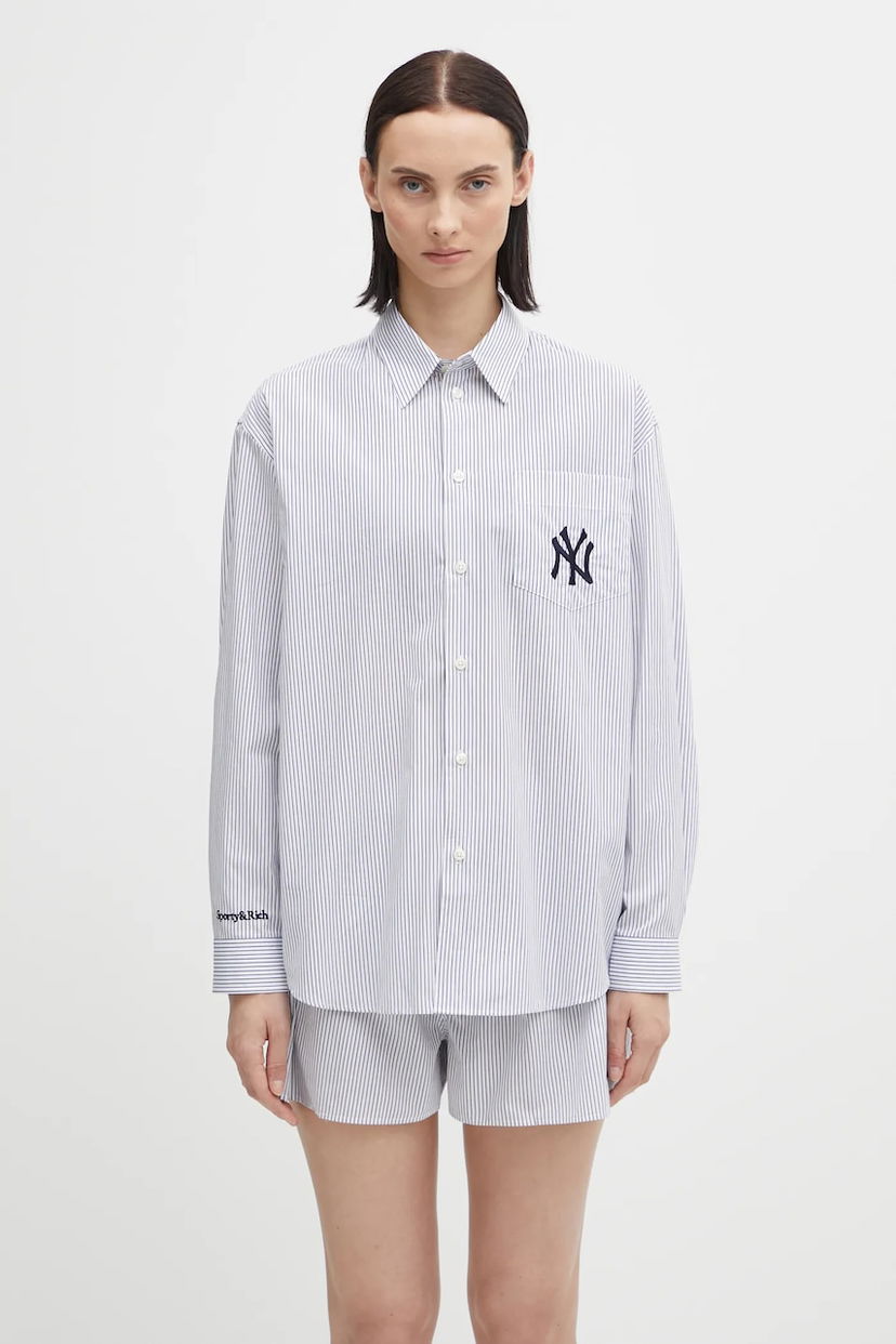 Skjorte Sporty & Rich Sporty & Rich Yankees Serif Oversized Pinstriped Relaxed Fit Shirt with Classic Collar Hvid | SI006623631ST09