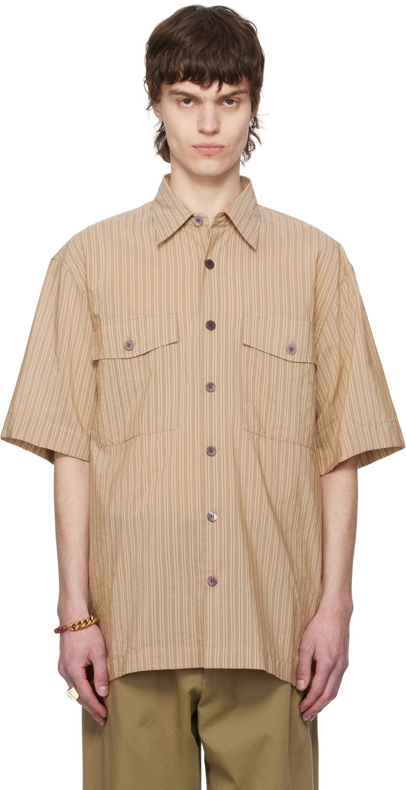 Skjorte Dries Van Noten Dries Van Noten Striped Two-Pocket Shirt Beige | 251-020706-1524