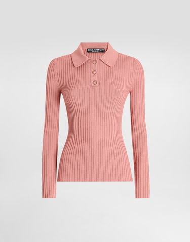 Sweater Dolce & Gabbana Dolce & Gabbana Women's Ribbed Knit Polo Sweater Lyserød | FXZ17TJCVXGF2528, 0