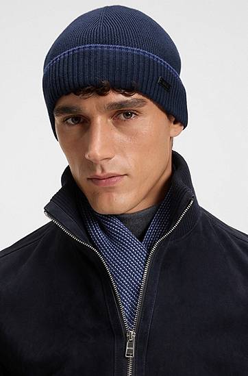 Tøj og tilbehør BOSS Knitted wool-cotton patterned scarf and ribbed beanie hat gift set Mørkeblå | 50548858, 1