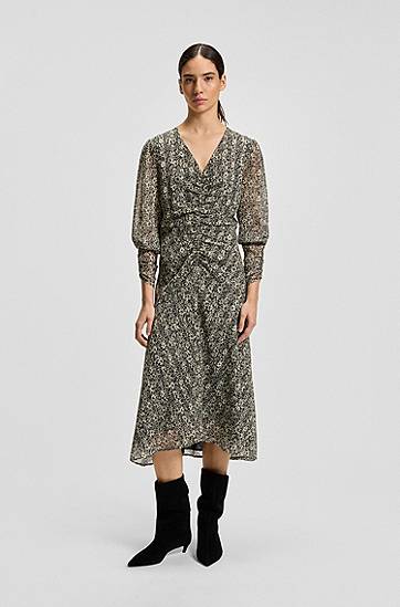 Kjole BOSS Seersucker Midi Dress with Gathered Details Flerfarvet | 50544051, 1